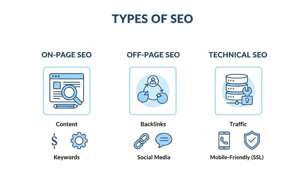 “Types of SEO explained: on-page, off-page, technical SEO”
