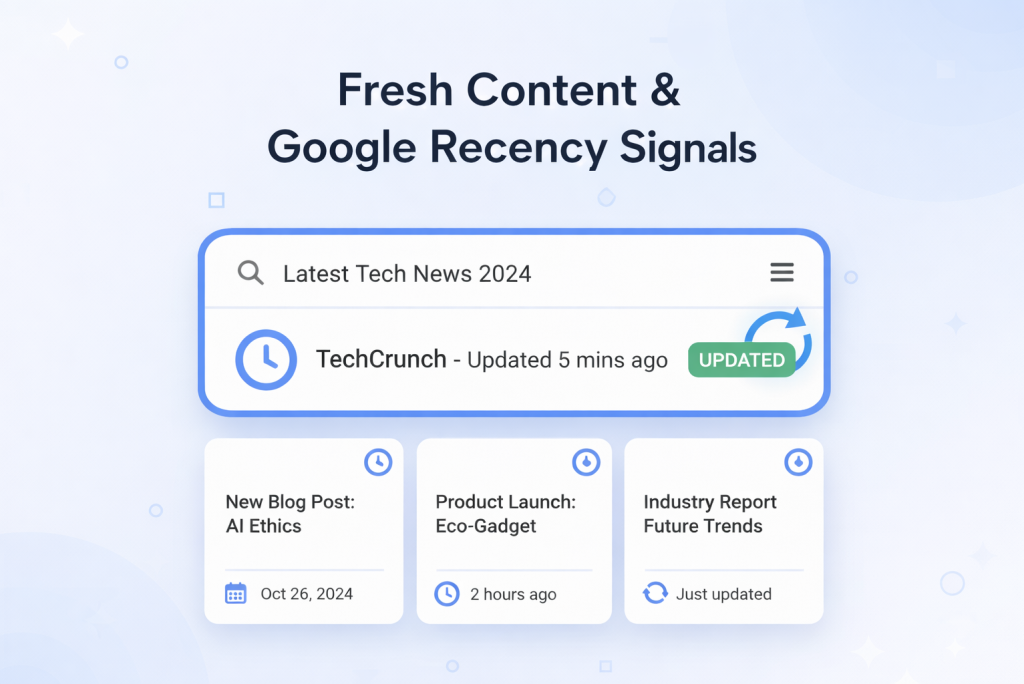 Google search result showing a recent update label with refresh and calendar icons representing fresh content and recency signals.