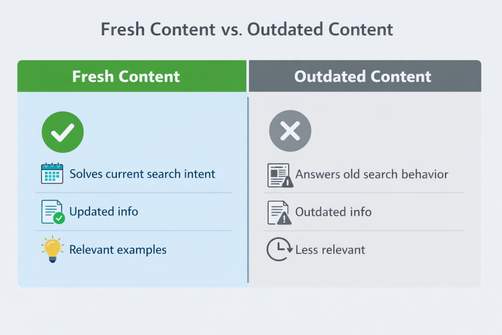 Comparison of fresh content (green check, current info) vs. outdated content (gray cross, old info).