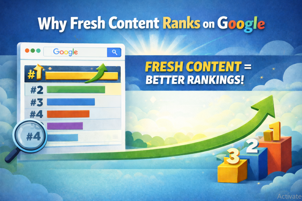 Professional infographic showing "Why Fresh Content Ranks on Google" with a Google search result illustration and ranking podiums, emphasizing that fresh content improves search visibility and Google rankings.