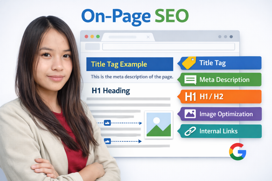 On-page SEO optimization concept with webpage structure and SEO elements
