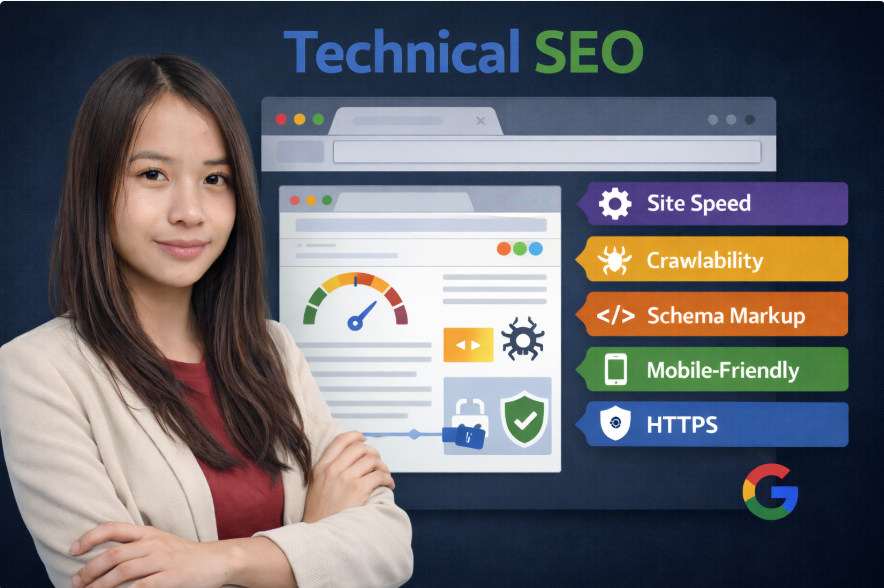 technical SEO visual showing site speed, crawlability, schema markup, mobile friendly and HTTPS.