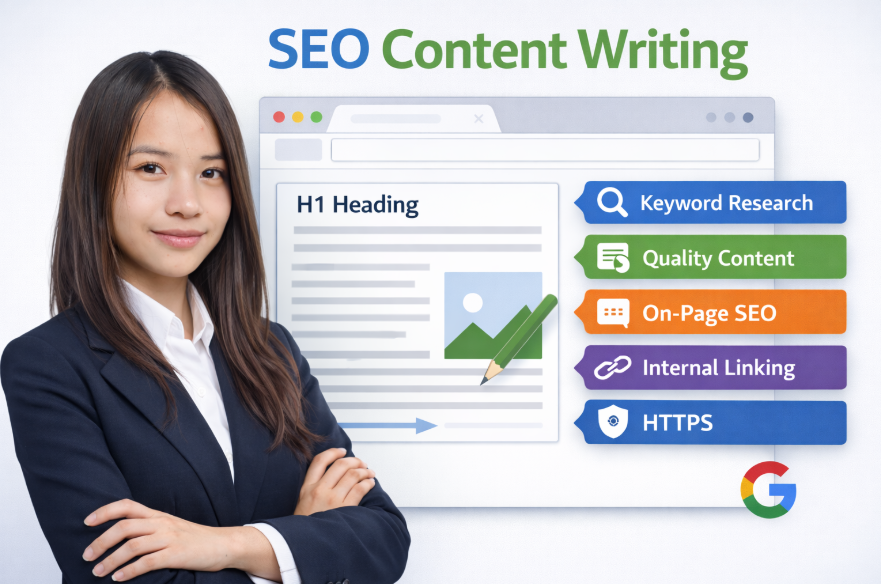 SEO content writing illustration showing content strategy with SEO elements