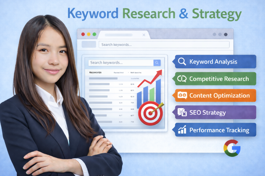 Keyword research and SEO strategy with analysis and growth chart.