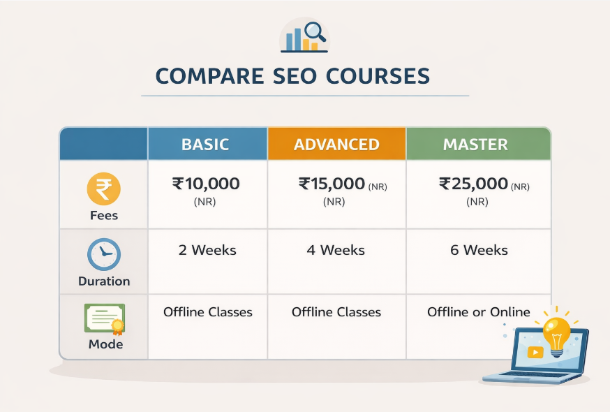 comparison of SEO training fees and courses in Nepal