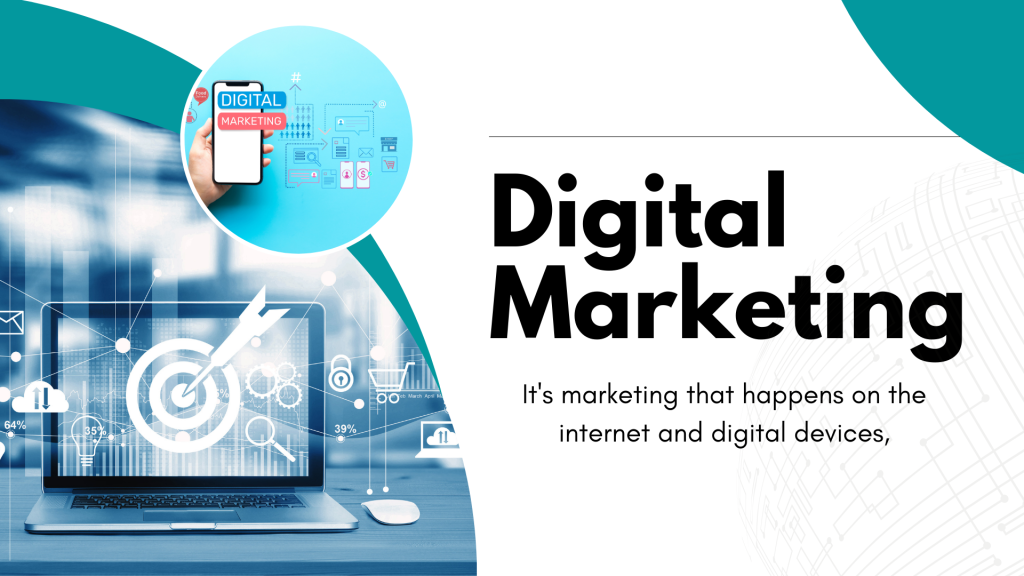 Digital marketing concept with laptop, target icon, and smartphone.